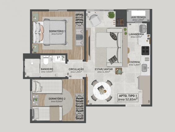 Apartamento tipo 1 área 52,65 m² - finais 1, 2, 7 e 8