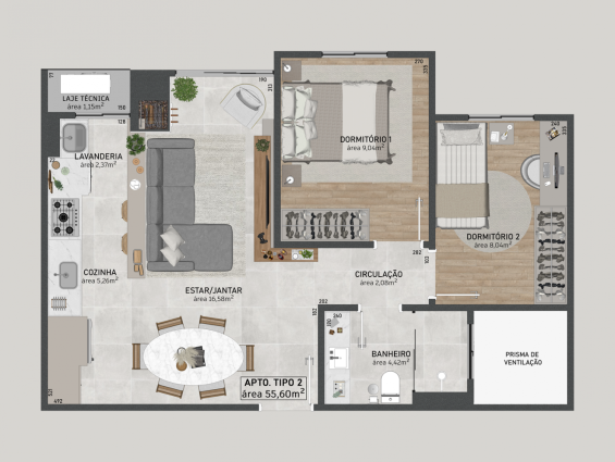 Apartamento tipo 2 área 55,60 m² - finais 3, 4, 5 e 6
